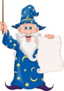 Cartoon old wizard holding a blank sign