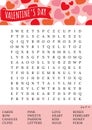 Valentine\'s Day game. Word search puzzle. Fun printable party activities. Crossword for learning English.