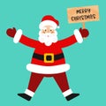 Christmas cartoon illustration of jumping Santa Claus with a sing Merry Christmas in his hand. Winter holidays theme.