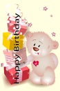 cute teddy bear and a mountain of presents. Card Design Template