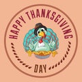 Thanksgiving badge text. Pie turkey eating fork knife hat sitting dinner.