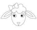 The head of a cute cartoon sheep with a bow is a vector linear picture for coloring. Outline. Sheep muzzle, cute animal for childr