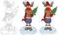 Cute colorful cartoon deer in winter clothes with Christmas pine tree in snow sketch template set. Royalty Free Stock Photo