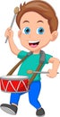 Little boy playing drum on white background Royalty Free Stock Photo