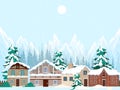 Snowfall in winter town with small houses cartoon vector illustration. Royalty Free Stock Photo