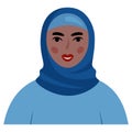 Portrait of a smiling young muslim woman in blue hijab. Cartoon avatar of a beautiful Arab lady dressed in traditional clothes. Royalty Free Stock Photo