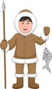 Cartoon cute Eskimo boy catching fish with a spear