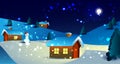 Nighttime winter landscape. Houses and snow in cartoon style