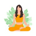 Woman in yellow clothes meditating in lotus pose