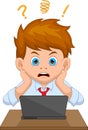Cartoon young businessman shocked in front of the laptop Royalty Free Stock Photo