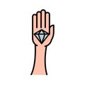Diamond in hand icon, luxury gem crystal or brilliant, jewel, thin line web symbol