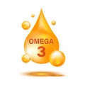 Gold realistic drop of Omega 3 vitamins and minerals on a light background. Vector illustration