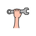 Hand holding a wrench icon. Repairman spanner in hand symbol. Vector illustration isolated on white background. Royalty Free Stock Photo