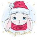 Hand drawn beautiful cute winter rabbit girl with the words Merry Christmas.