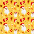 Bright seamless pattern. Merry Santa\'s head, red mittens, Santa hat, gifts and sets of delicious candies