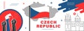 Czechia or Czech republic national day banner for Independence day. Flag and map with raised fists and geometric background.