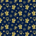 Seamless pattern with golden angels, gifts, wreaths, snowflakes and stars