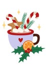 Christmas cup of hot delicious drink with marshmallows, gingerbread cookies, candies and mandarin orange with holly.