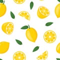 Lemon seamless pattern. Whole, half and slices of yellow lemons with green leaves on white background. Royalty Free Stock Photo