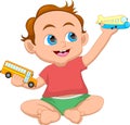 Cute little boy with an airplane toy and a bus toy Royalty Free Stock Photo