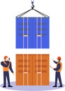 Transportation of cargo with containers inside the warehouse. male workers with cargo container vector illustration