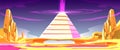 fantasy pyramid landscape with purple lava and purple rays coming out of the pyramids Royalty Free Stock Photo