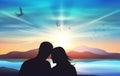 Couple silhouette, freedom, birds flying, lovers at sunset, sunrise romantic atmosphere nature background Royalty Free Stock Photo