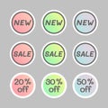 Sale stickers. Bright set of discount lables, promotional badges, price tags.