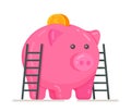 A piggy bank with mountains of coins and dollars. Piggy bank with coin vector illustration.