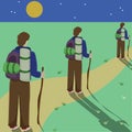 Surreal illustration of three tourists walking through the field at night