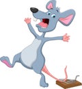 Cartoon mouse caught in a mousetrap