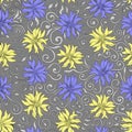 Yellow and blue flowers, swirl pattern. Seamless pattern. Royalty Free Stock Photo