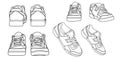 Set of hand drawn sneakers, gym shoes, top view. Image in different views - front, back, top, side, sole and 3d view. Doodle vecto