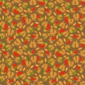 Red rowan, colourful autumn leaves, autumn pattern, brown background. Royalty Free Stock Photo