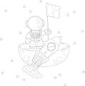 Cartoon spaceman character on asteroid with spaceship sketch template. Astronaut vector illustartion in black and white