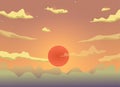 Sunset cartoon sky with clouds, sun, sunlight vector background design. Royalty Free Stock Photo