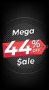 44 percent off. Black discount banner with forty-four percent. Advertising for Mega Sale promotion