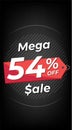 54 percent off. Black discount banner with fifty-four percent. Advertising for Mega Sale promotion