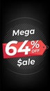 64 percent off. Black discount banner with sixty-four percent. Advertising for Mega Sale promotion