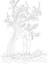 Catroon stylized couple under the tree with hearts graphic sketch template. Vector illustration in black and white