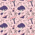 Hand drawn purple mushrooms on a pink background. Seamless vector pattern. Cute forest illustration Royalty Free Stock Photo