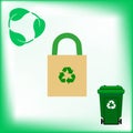 Set recycling sing. Shopping bag. Cotainer.