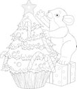 Cartoon cute mouse decorating Christmas tree sketch template. Winter mice vector illustration in black and white Royalty Free Stock Photo