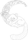 Cute firefox sleeping on mandala moon sketch template. Cartoon graphic vector illustration in black and white