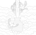 Heaven gates in clouds with pigeons flying graphic sketch template. Cartoon religion vector illustration in black and white