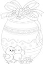 Cute cartoon chickens with Easter egg with bow and flowers template sketch. Royalty Free Stock Photo