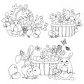 Cartoon vector illustrations for Easter holiday, cute bunny, egg basket, chicks, flowers. Black and white for coloring. Royalty Free Stock Photo