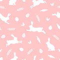 Easter seamless pattern. Cute spring background with bunnies, butterfly, carrots, eggs and leaves. Simple holiday wallpaper.