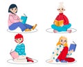 Set of vector illustrations with cartoon girls women reading a book.