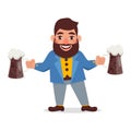 Man with a beard in a jacket holds two glasses of dark beer. Royalty Free Stock Photo